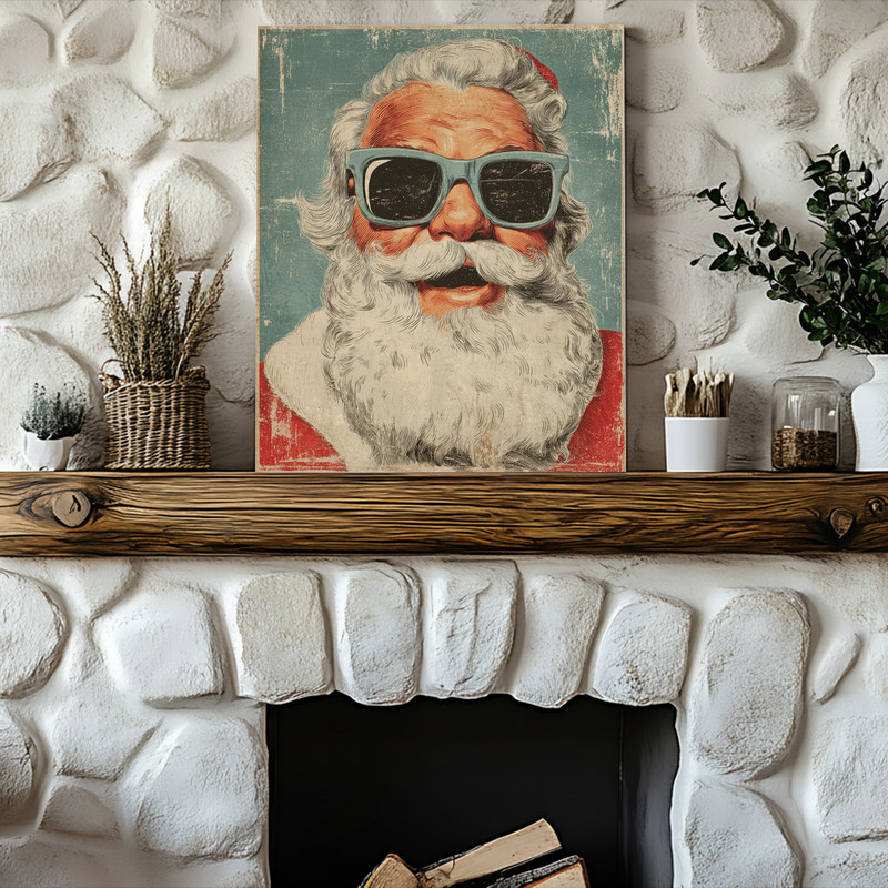 Retro Santa canvas wall art, landscape scene with Santa waving over candy-cane stripes, cheerful holiday touch for dorm decor.