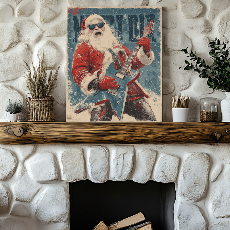 Rockstar Santa Christmas canvas print with weathered texture and retro typography, playful dorm holiday wall decor