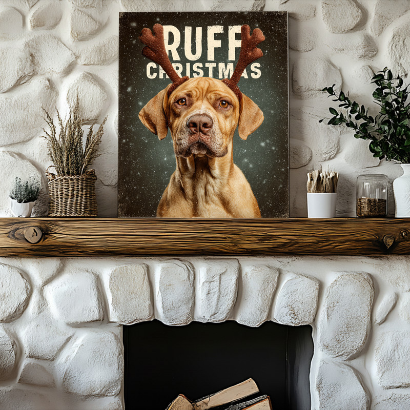 Ruff Christmas dog meme canvas wall art, minimalist design with clean typography and snowflakes, perfect dorm accent, square