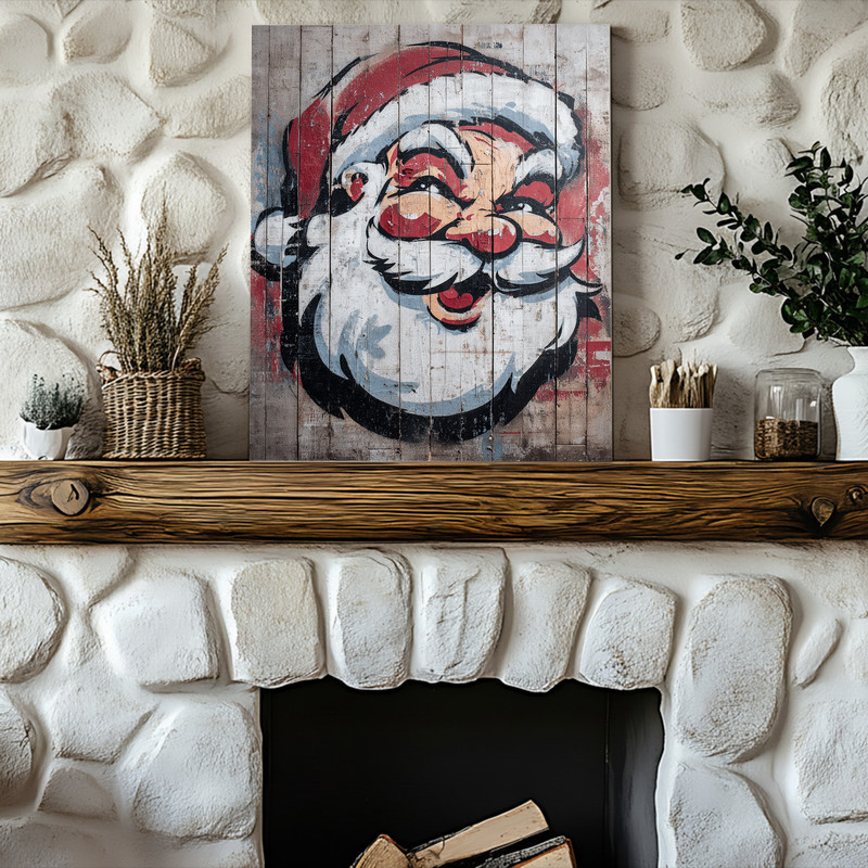 Santa Claus graffiti canvas wall art for dorm room, landscape featuring neon tags, brick texture, and urban Christmas vibe Santa Claus graffiti canvas wall art for dorm room, landscape featuring neon tags, brick texture, and urban Christmas vibe