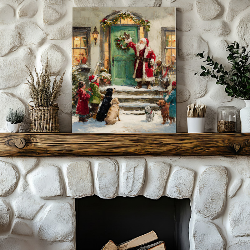 Santa on the step with emerald green door canvas wall art, portrait gallery-wrapped print for warm holiday living room decor
