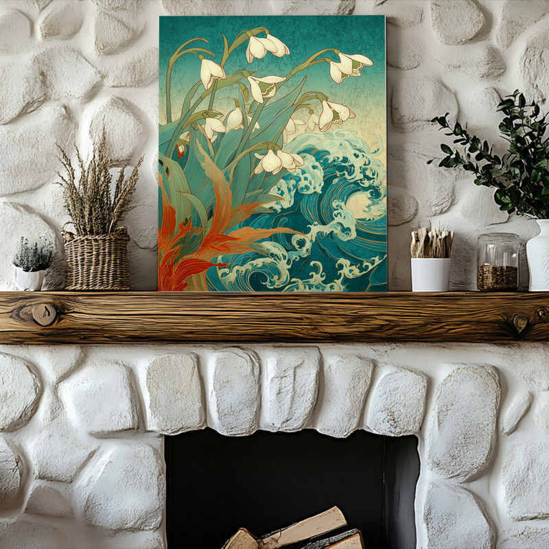 Snowdrops & Waves Harmony canvas wall art, square minimalist style blending white florals with teal ocean texture, entryway