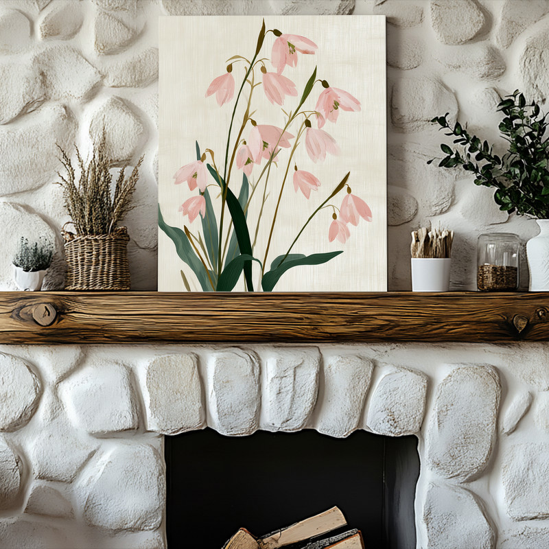 Soft blush snowdrops canvas wall art, vintage botanical print with aged look, floral decor for bedroom, entryway, nursery