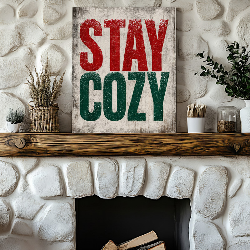 Holiday canvas wall art featuring 'Stay Cozy' typography, farmhouse style in red and green with snowy accents for dorm decor