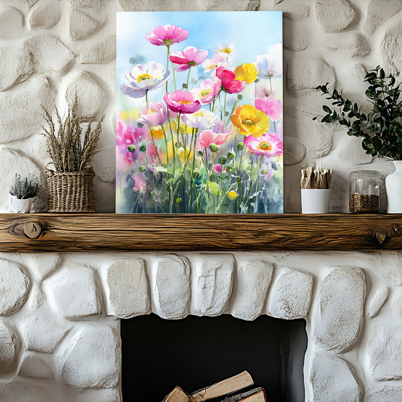 Floral anemone garden canvas wall art, sunlit blossoms and soft pastels bring airy movement to a serene botanical scene