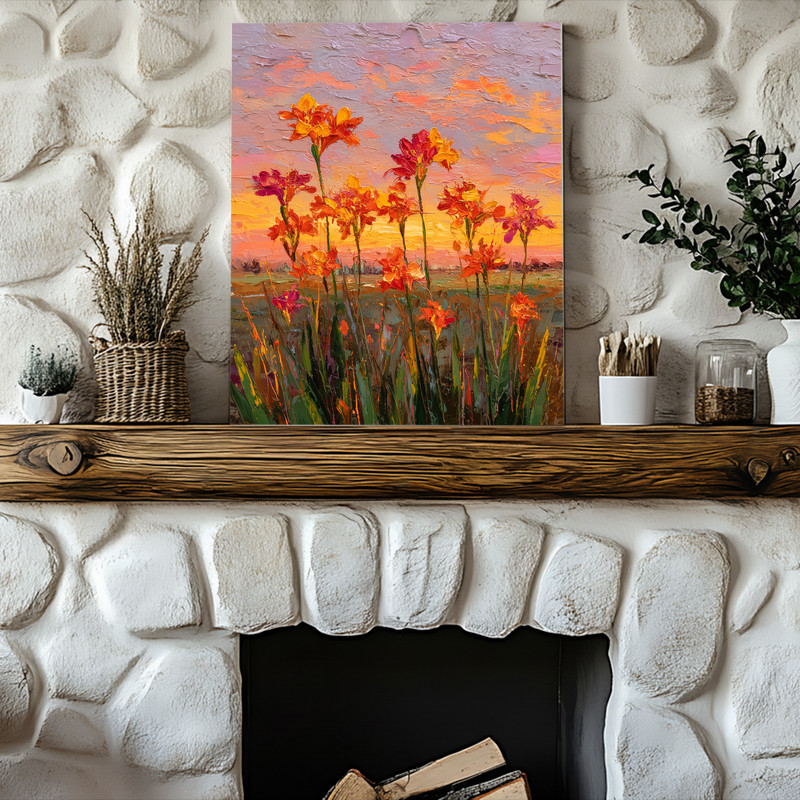 Sunset glow amaryllis watercolor canvas wall art, landscape layout with airy brushwork, sage green leaves, and a neutral ground Sunset glow amaryllis watercolor canvas wall art, landscape layout with airy brushwork, sage green leaves, and a neutral ground