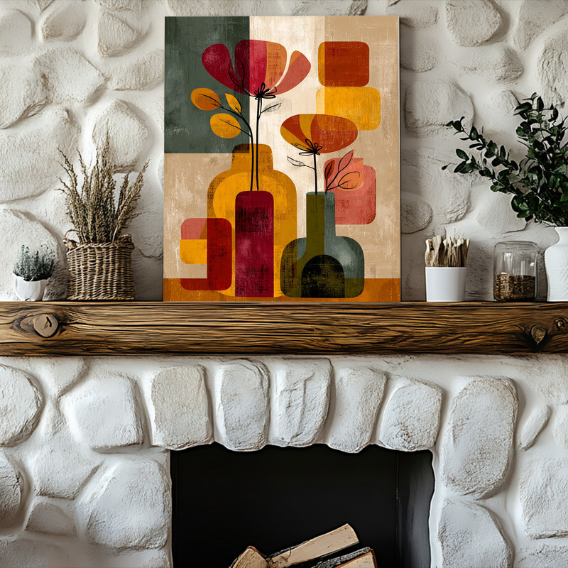 Thanksgiving flower vase canvas wall art, minimalist abstract stems in warm neutrals for small dorm room decor, vertical print