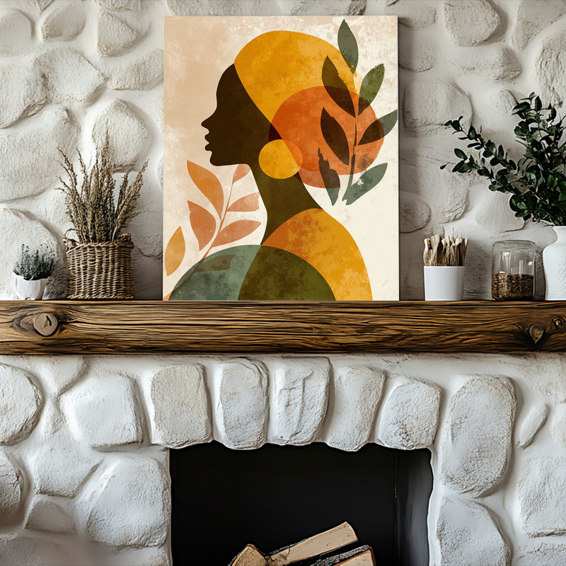 Thanksgiving inspired minimalist woman canvas wall art with rust and sage accents, square canvas for dorm walls