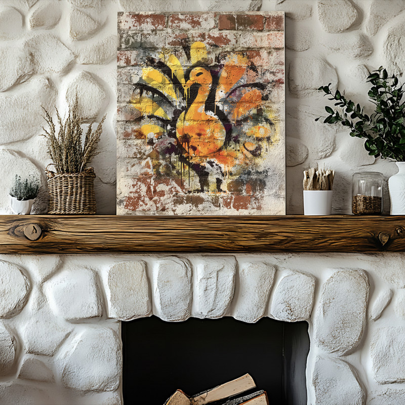 Thanksgiving turkey graffiti canvas wall art with tag lines and paint splashes, playful accent for dorm room walls