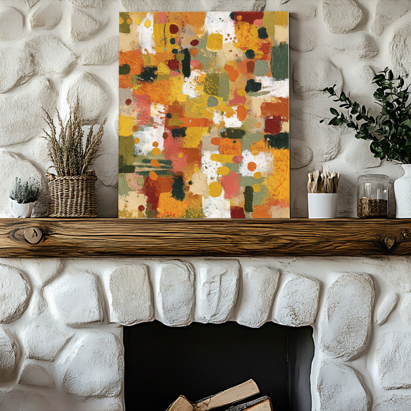 Thanksgiving vibes abstract expressionist canvas art with impasto strokes in burnt orange and umber, dorm-friendly landscape