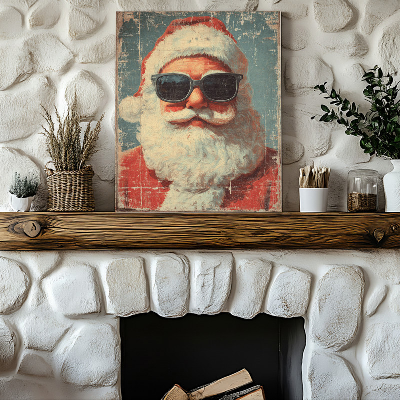 Vintage retro funny Santa portrait canvas wall art, mid-century style for dorm decor muted cream background classic charm Vintage retro funny Santa portrait canvas wall art, mid-century style for dorm decor muted cream background classic charm