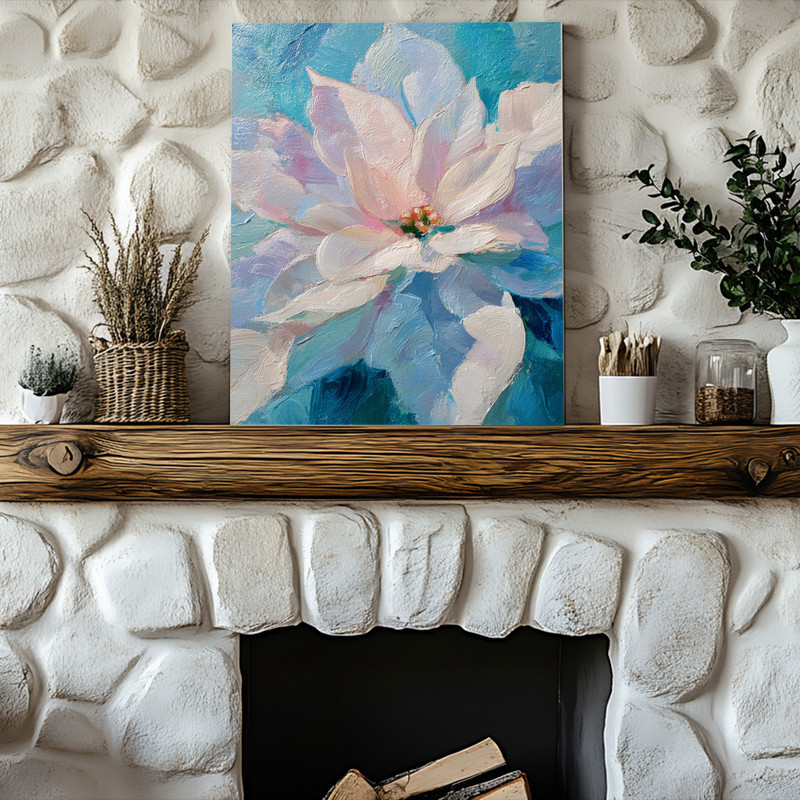 White poinsettias portrait canvas wall art, soft oil painting style blooms and leaves for serene modern dining room