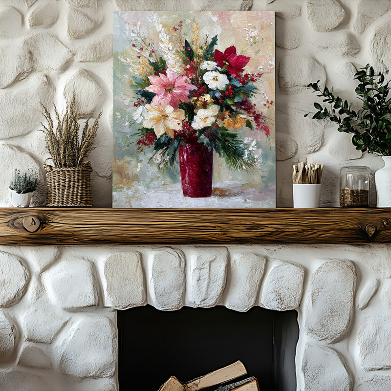 Winter vase canvas wall art, vertical print with evergreen boughs and winter botanicals, cozy holiday touch for dorm decor Winter vase canvas wall art, vertical print with evergreen boughs and winter botanicals, cozy holiday touch for dorm decor