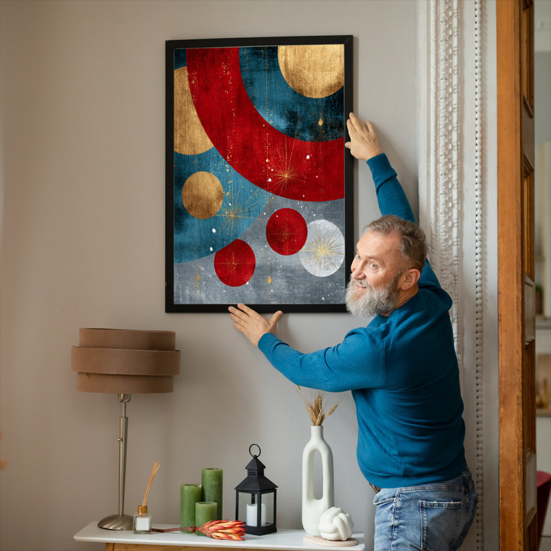 Abstract Christmas ornament canvas wall art, watercolor gradients, framed finish adds festive warmth to a modern dorm.