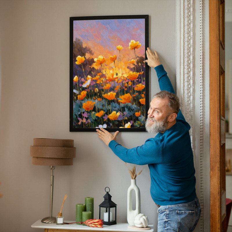 Amber Horizon canvas wall art with impressionist brushwork, anemones glow against an amber horizon, accent for dining room