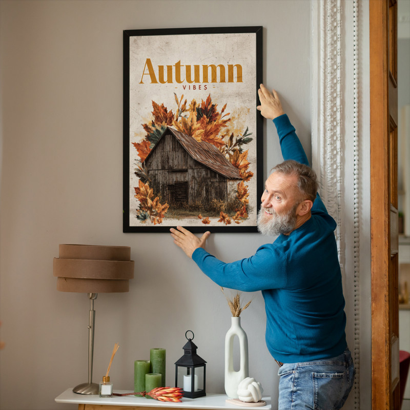 Autumn vibes canvas wall art for dorm room decor with watercolor pumpkins in terracotta and sage tones, landscape print