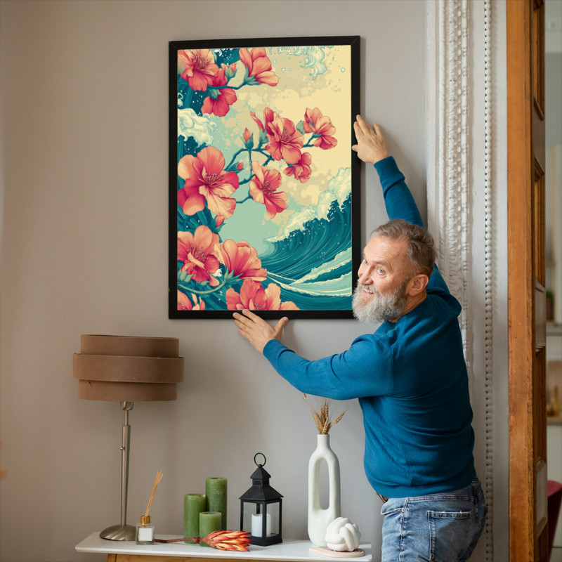 Azaleas and ocean waves floral canvas wall art, vibrant pink petals against teal sea, modern coastal farmhouse style