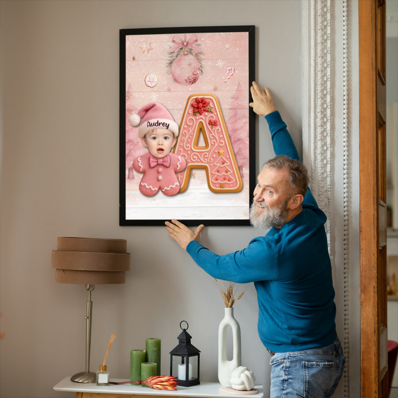 Baby pink gingerbread canvas wall art with custom letter and infant photo, new parent gift for baby's first Christmas Baby pink gingerbread canvas wall art with custom letter and infant photo, new parent gift for baby's first Christmas