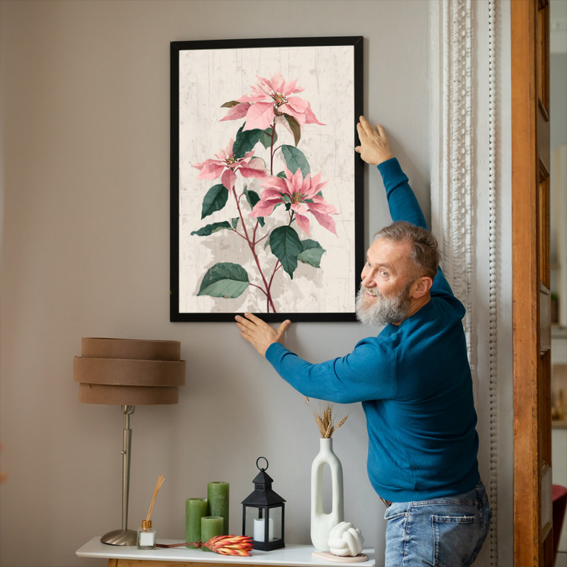 Blush pink poinsettias canvas wall art, vintage botanical illustration in square format on aged paper background