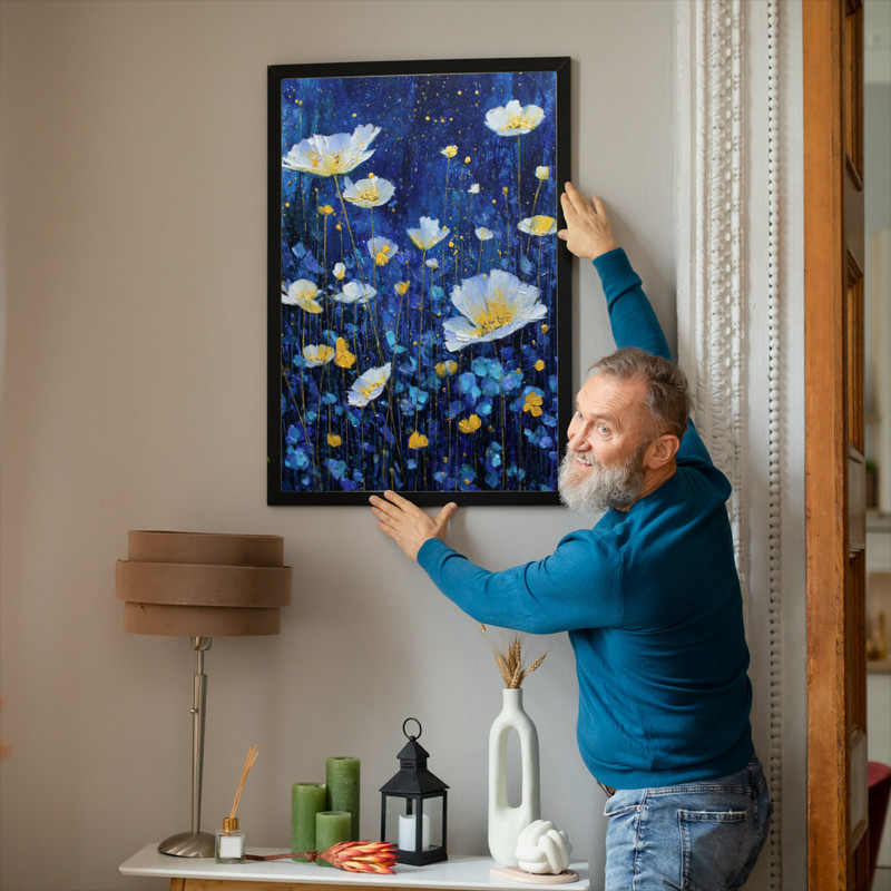 Anemones Beneath The Stars canvas wall art, cosmic floral nightscape, dark blue palette, botanical style for gallery walls