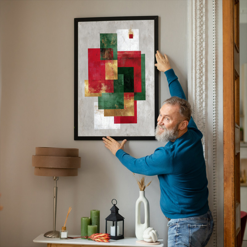 Christmas abstract canvas wall art, navy and silver festive accents with subtle stars, portrait format for dorm room walls