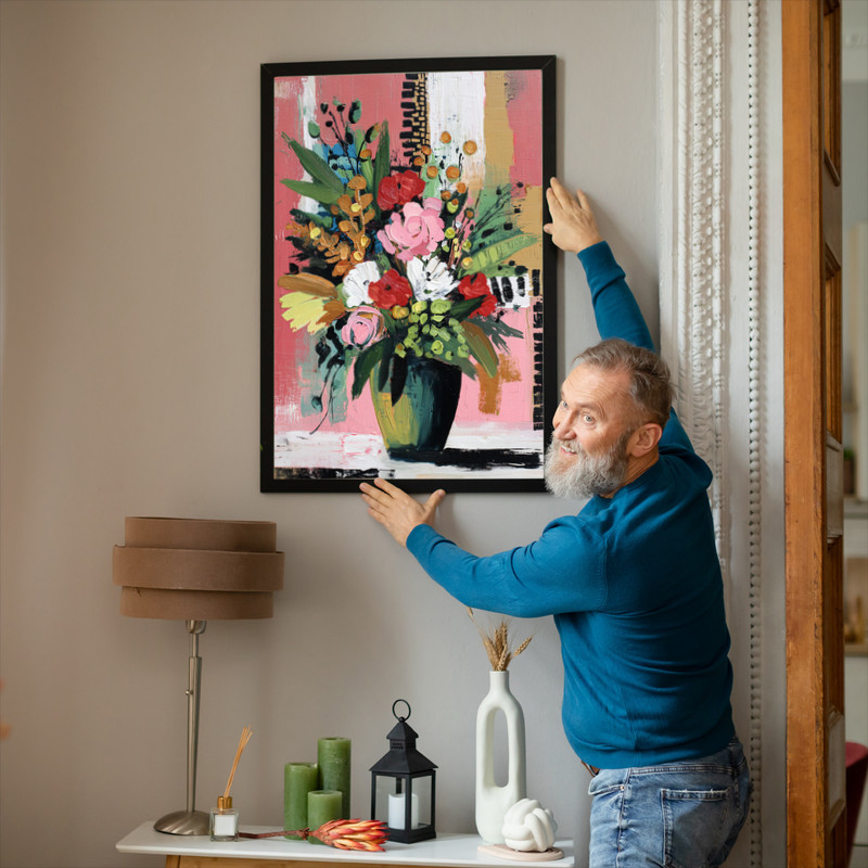 Christmas cheer abstract vase canvas wall art with bold brushstrokes in red and gold, square format, festive dorm room decor