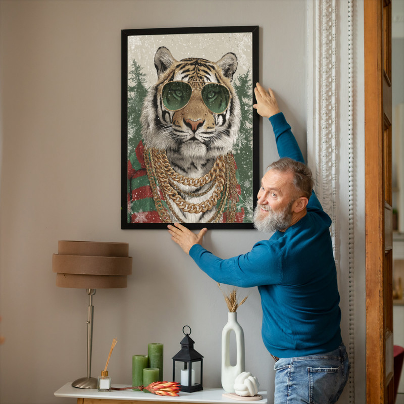 Christmas tiger canvas wall art, watercolor look with cozy scarf, portrait stretched canvas for cheerful dorm room decor