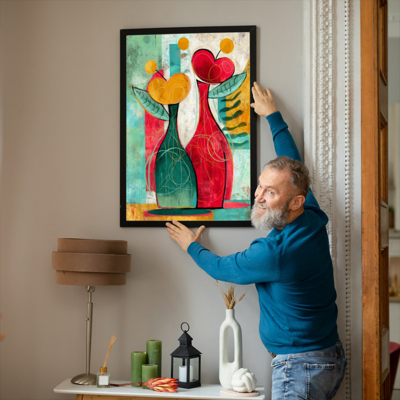 Christmas flower vase abstract canvas wall art with edges and layered color fields, cheerful piece suited to dorm room decor