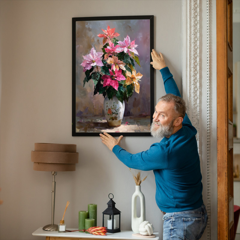 Colorful poinsettias vase canvas wall art, realistic oil bouquet in white vase on table, holiday living room decor