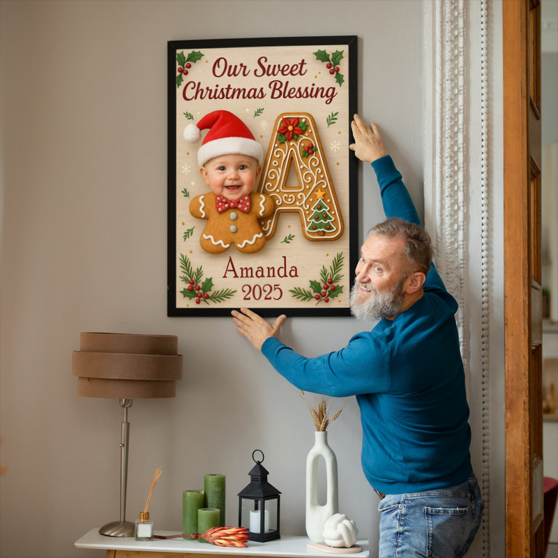 Gingerbread baby initial letter canvas wall art, personalized Christmas nursery decor, Baby’s First Christmas keepsake