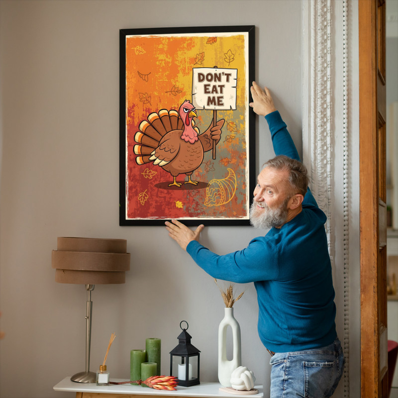 Funny Thanksgiving rustic canvas wall art with vintage wood texture and 'Don’t Eat Me' turkey humor, dining or dorm decor