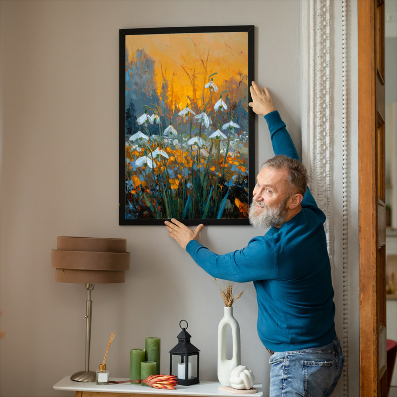 Dusty pink snowdrops canvas wall art, rustic botanical portrait with muted tones on canvas, calming floral accent for office walls