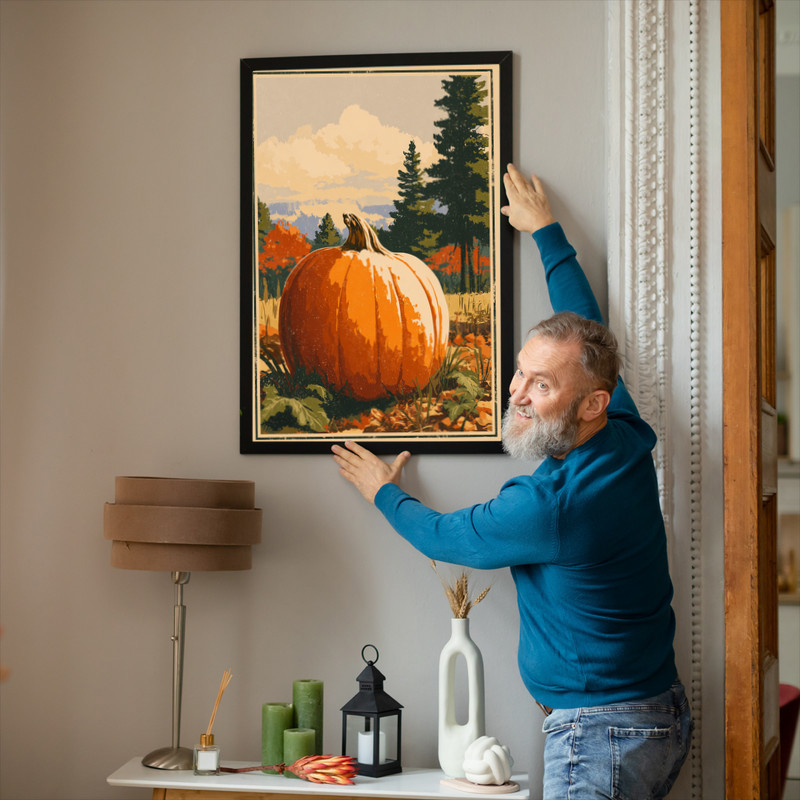 Giant pumpkin canvas wall art showcasing a single bold gourd, sepia wash and cream background for rustic dorm room styling
