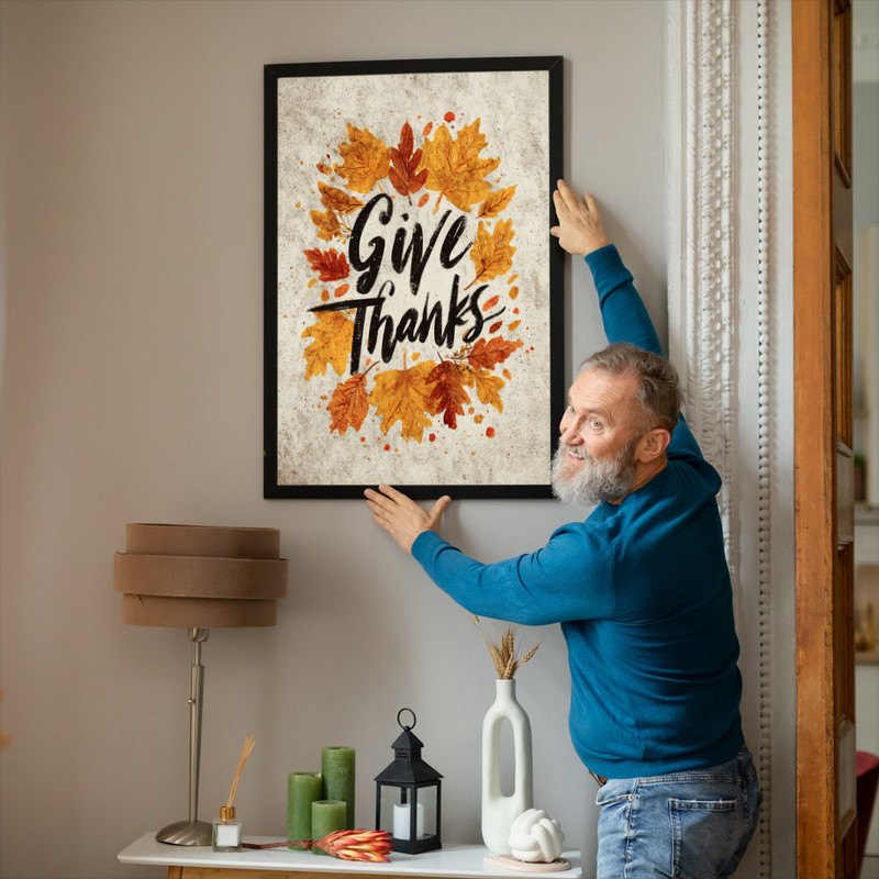 Rustic fall canvas wall art, 'Give Thanks' lettering on distressed background with foliage, simple farmhouse dorm accent