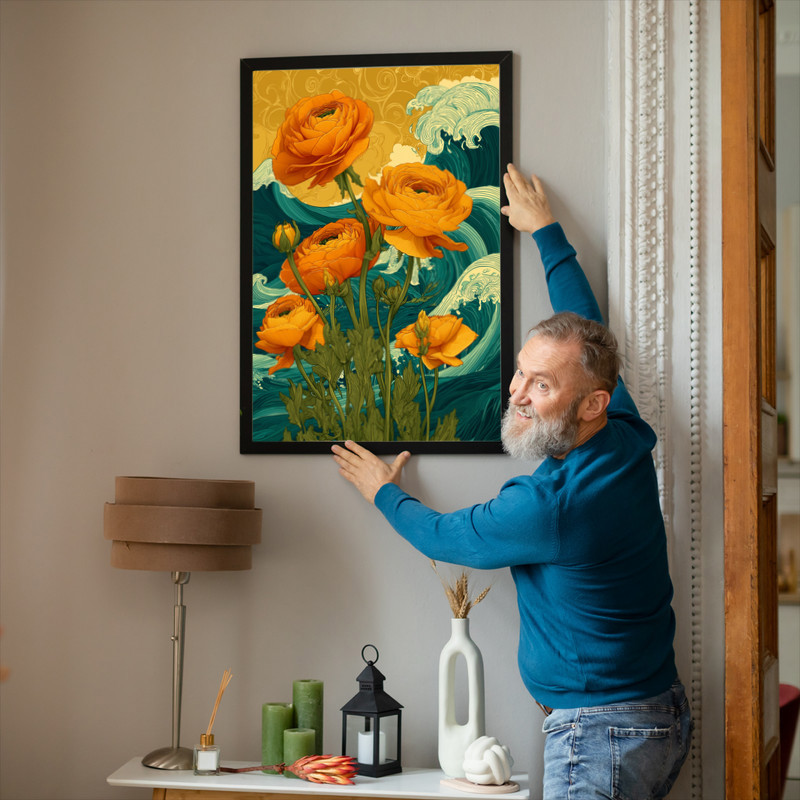 Golden Horizon ranunculi canvas wall art, warm golden horizon above a blue-green sea, serene accent for bedroom walls