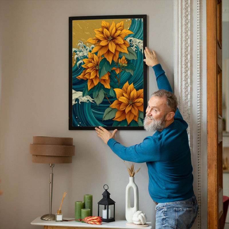 Golden sky poinsettias canvas wall art, wave-like motion and warm golden tones, modern botanical for bedroom wall styling Golden sky poinsettias canvas wall art, wave-like motion and warm golden tones, modern botanical for bedroom wall styling