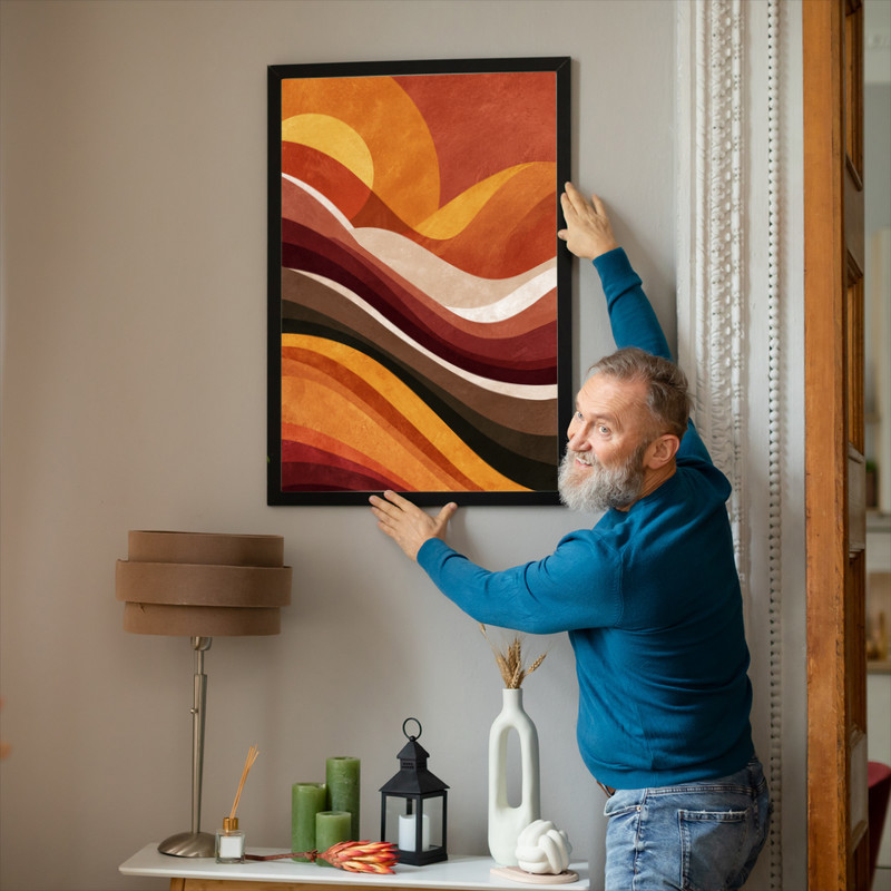 Thanksgiving abstract Harvest Waves canvas wall art, earthy ochre and olive ripples, textured paint effect, portrait for dorms