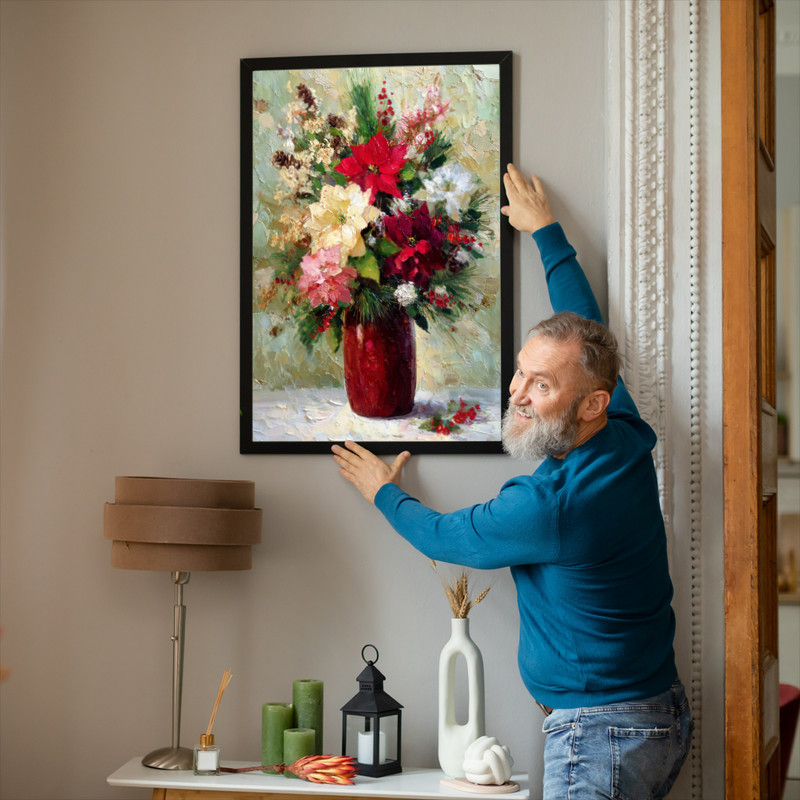 Holiday blooms canvas wall art with modern minimalist florals, cream backdrop and gold accents for dorm room winter decor