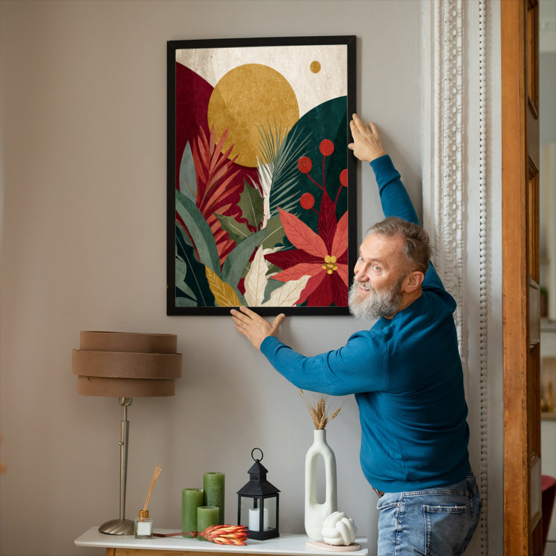 Contemporary holiday shapes Christmas canvas wall art, geometric icons in neutral minimalist style ideal for dorm room decor