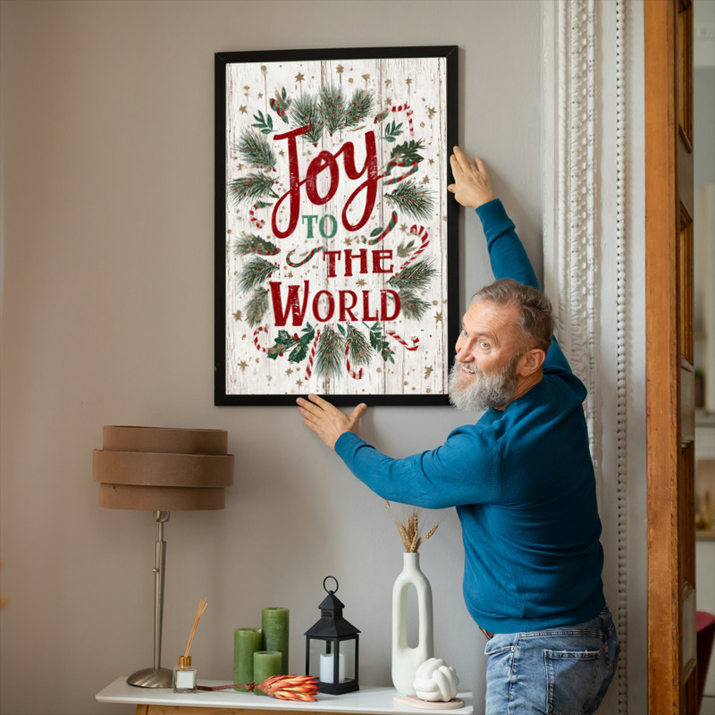 Joy to the World canvas wall art in rustic farmhouse style, dorm room decor with bold serif text and calm neutral palette