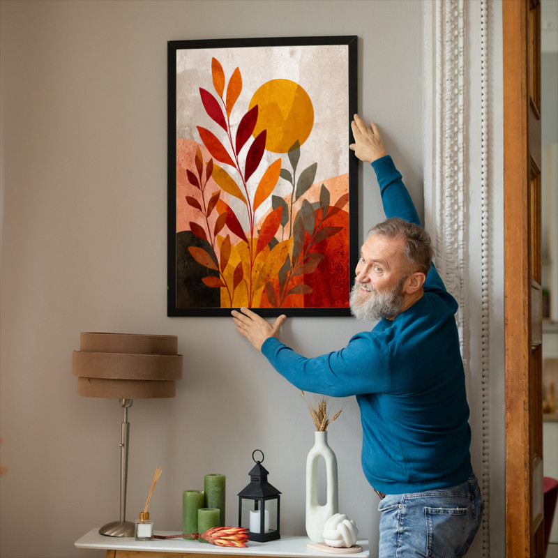 Layered autumn canvas wall art, square format with clean shapes in muted rust, sand, and clay for warm minimal dorm decor.