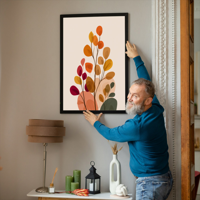 Minimalist botanical canvas wall art with golden ginkgo leaves, terracotta accents, vertical for Thanksgiving dorm decor