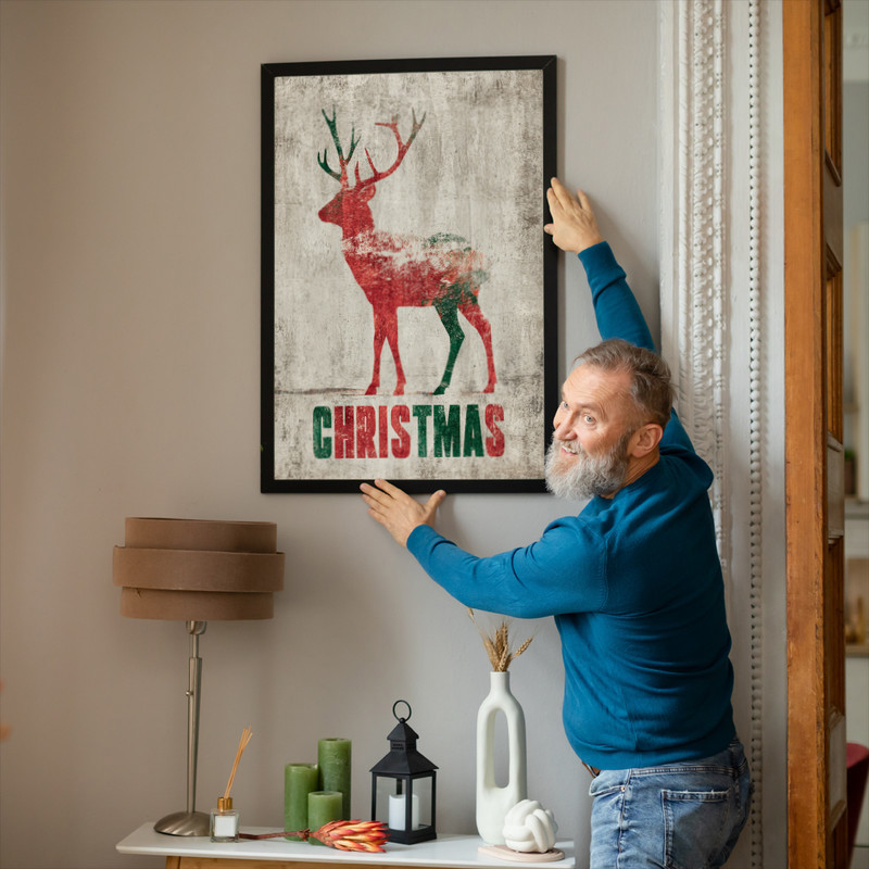 Minimalist reindeer Christmas canvas wall art, square black-and-white line art on white, Scandinavian style for dorm walls