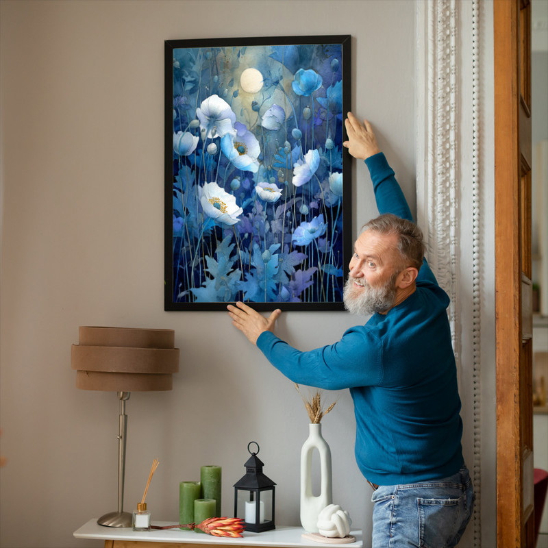 Moonlit night garden of anemones canvas wall art, romantic floral nightscape, thoughtful gift for gardeners and devoted flower lovers Moonlit night garden of anemones canvas wall art, romantic floral nightscape, thoughtful gift for gardeners and devoted flower lovers