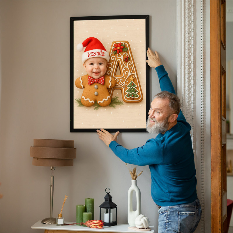 Baby’s First Christmas gingerbread letter canvas, custom name beneath iced monogram, timeless nursery art keepsake