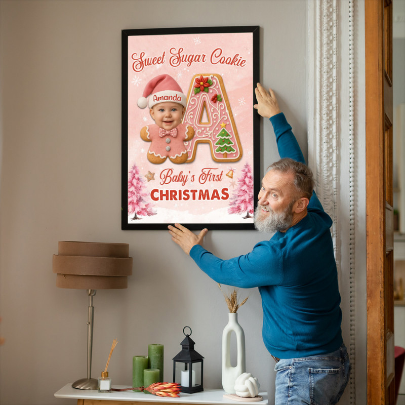 Baby pink gingerbread canvas wall art featuring cute sugar cookie design, custom baby name, ideal keepsake for first holiday