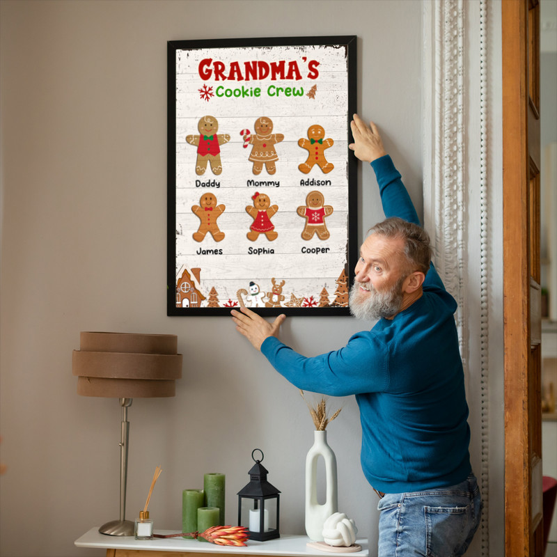 Grandma’s Cookie Crew Christmas canvas wall art in rustic farmhouse style, personalized with grandkids’ names, gift for Nana