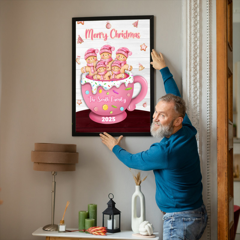 Pink gingerbread family cup Christmas canvas wall art, custom names for each figure, cute gift for mom or grandparents Pink gingerbread family cup Christmas canvas wall art, custom names for each figure, cute gift for mom or grandparents