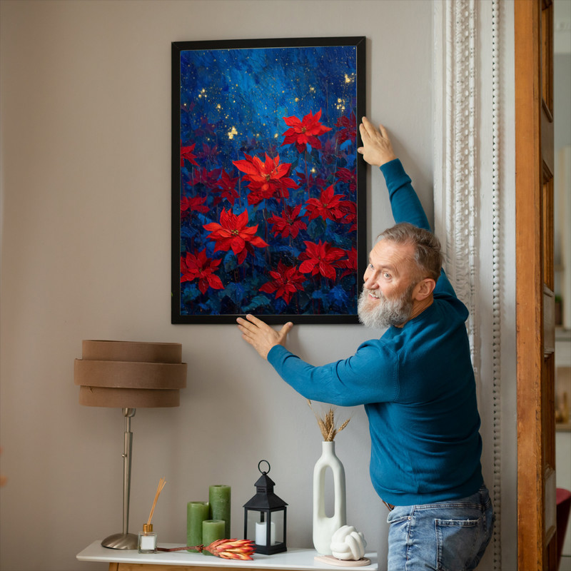 Poinsettias night garden canvas wall art, square format with lush red blossoms and blue tones, watercolor finish