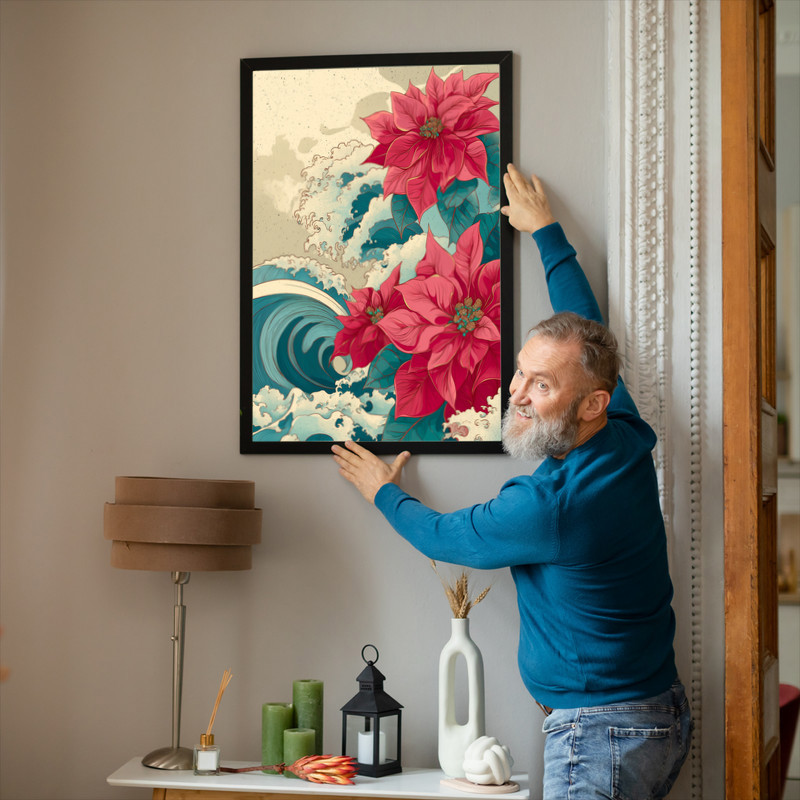 Japanese-inspired poinsettias and ocean waves canvas wall art, watercolor wash, coral petals meet cerulean breakers, landscape